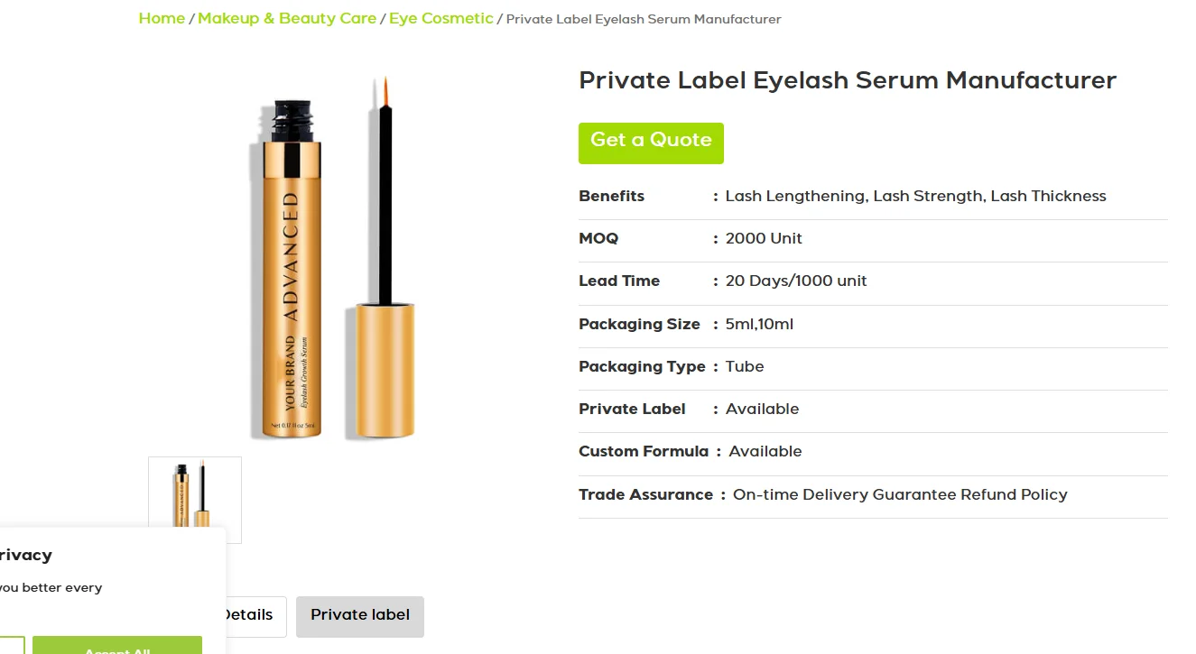 Gold tube of private label eyelash serum with applicator brush next to detailed benefits and specifications like lash lengthening, MOQ, packaging size, and lead time.